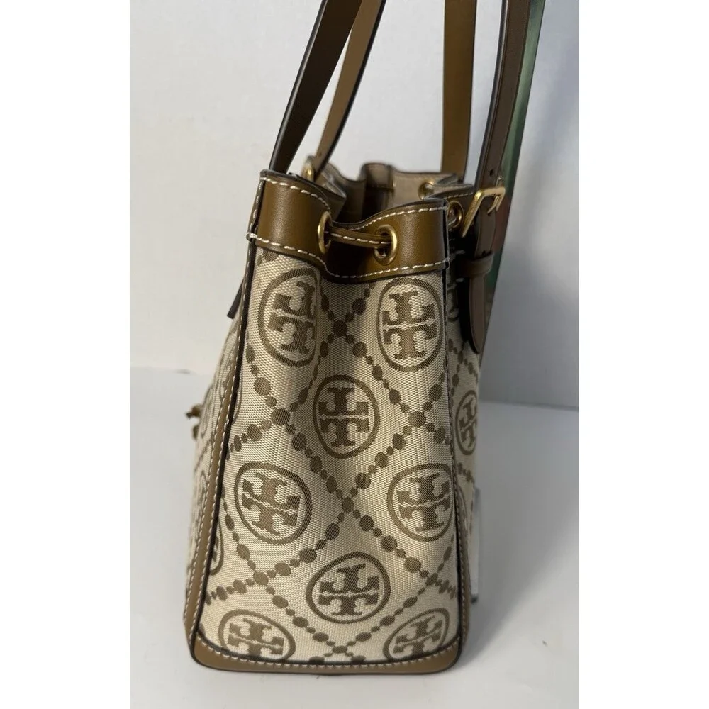 Tory Burch T Monogram Jacquard Logo Tote Bag Large Double Strap Cinch Drawstring